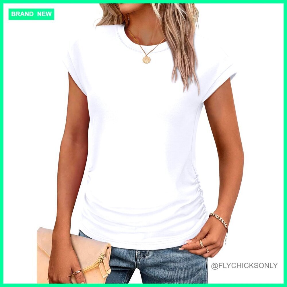 Ruched Cap Sleeve T-Shirt, Crew Neck Summer Top, Flattering Fit